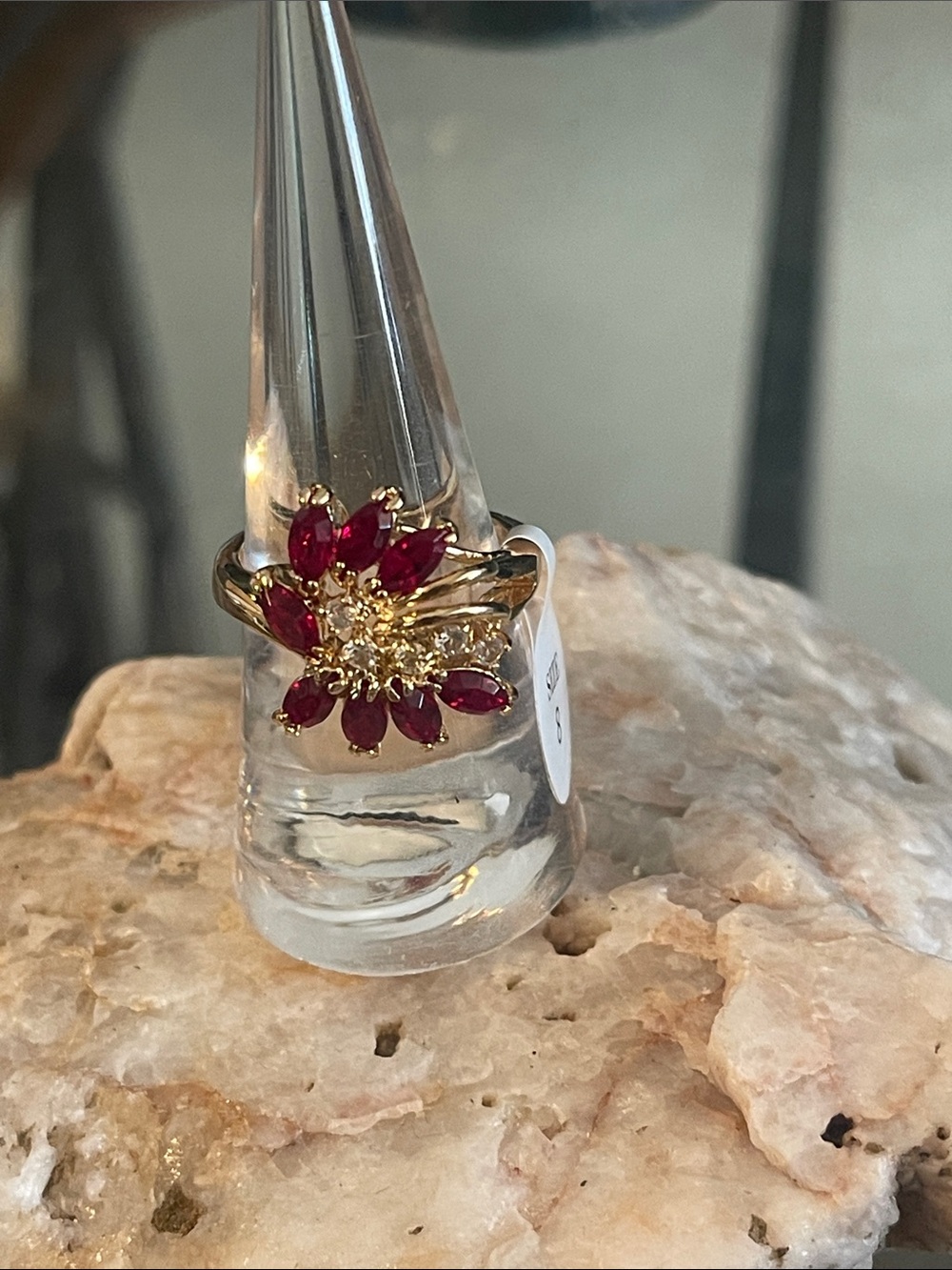14 Kt  Gold Electroplate Floral Ruby-Red Statement Ring - Size 8